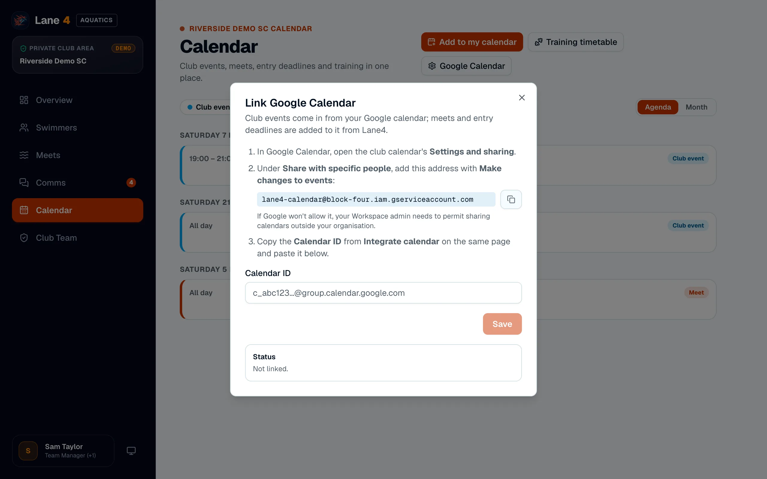 Linking the club's Google Calendar
