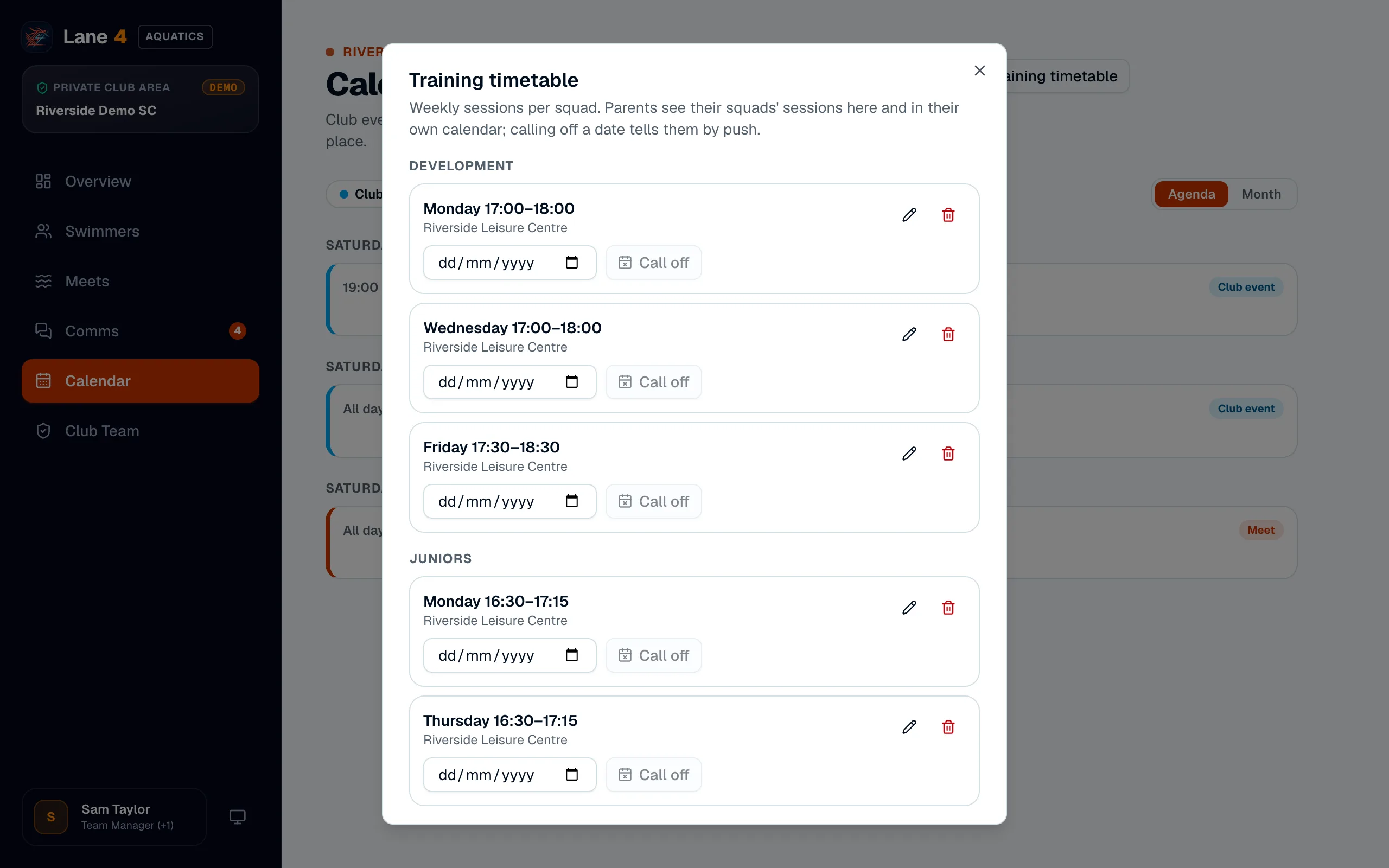 The training timetable, with weekly sessions per squad