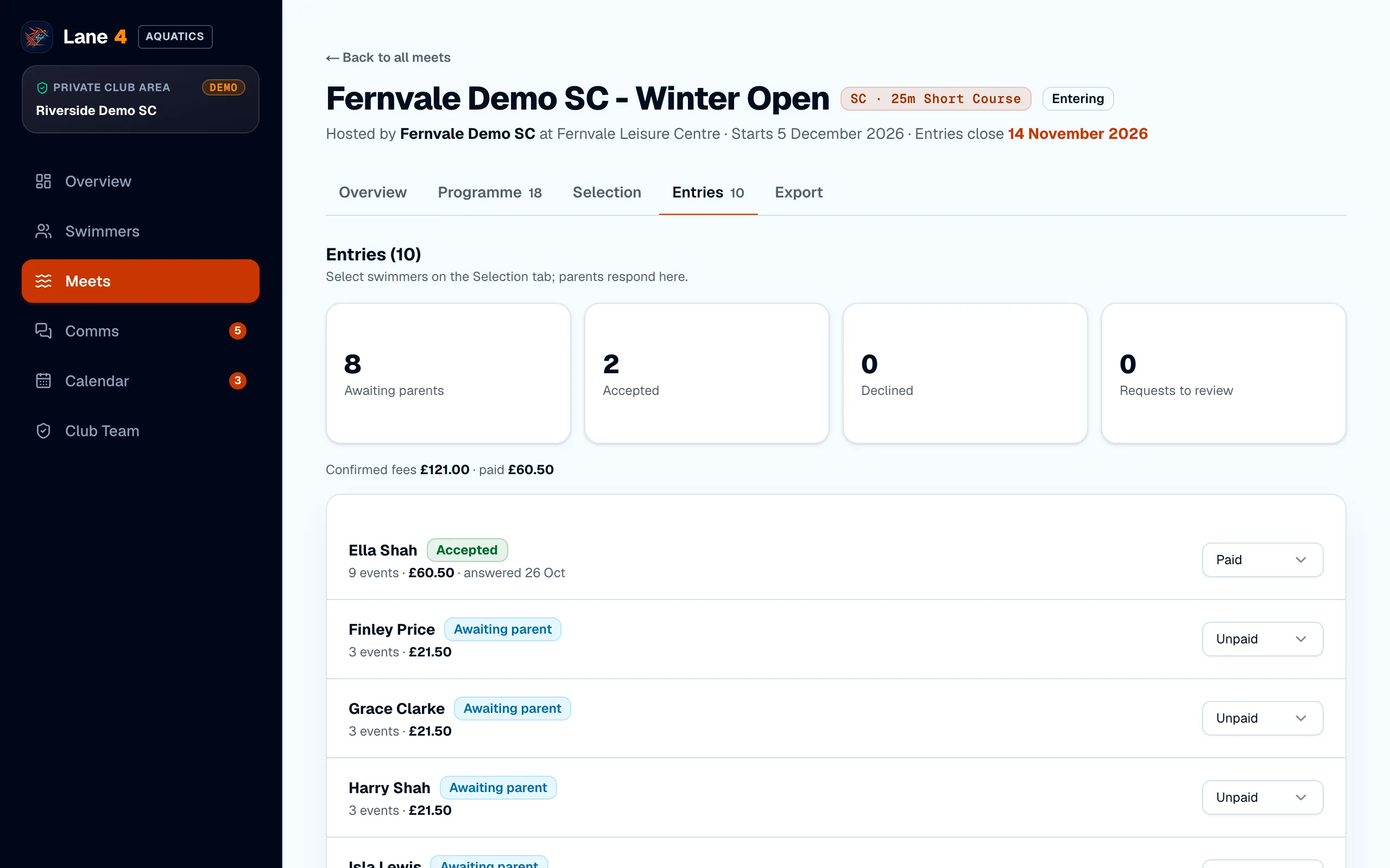 The Entries tab with responses and payments