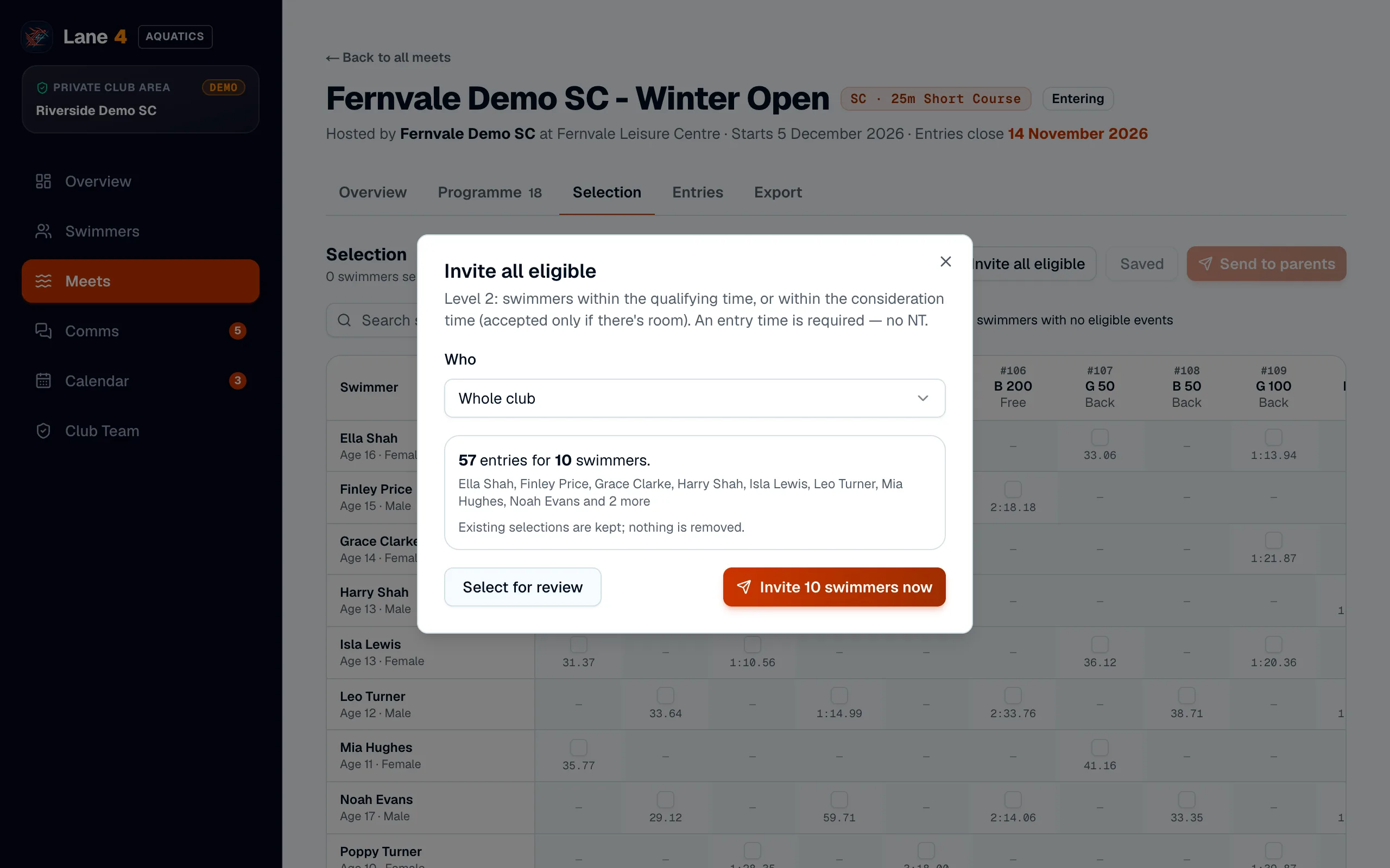Invite all eligible, ready to invite 10 swimmers