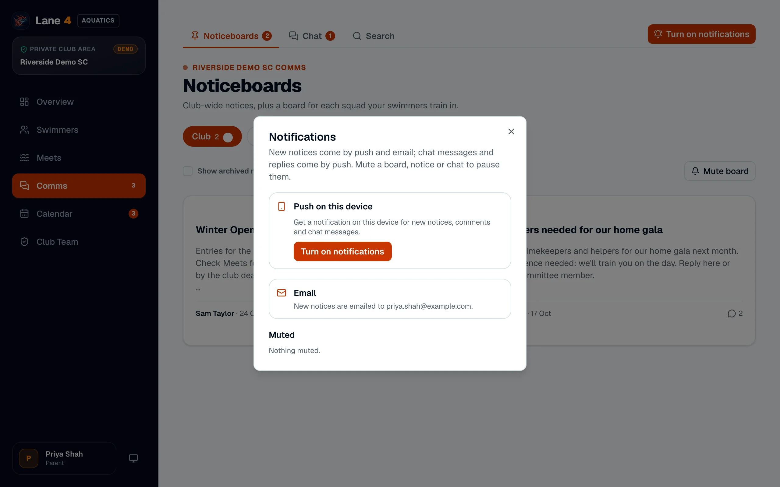 The Notifications settings, with push for this device and email