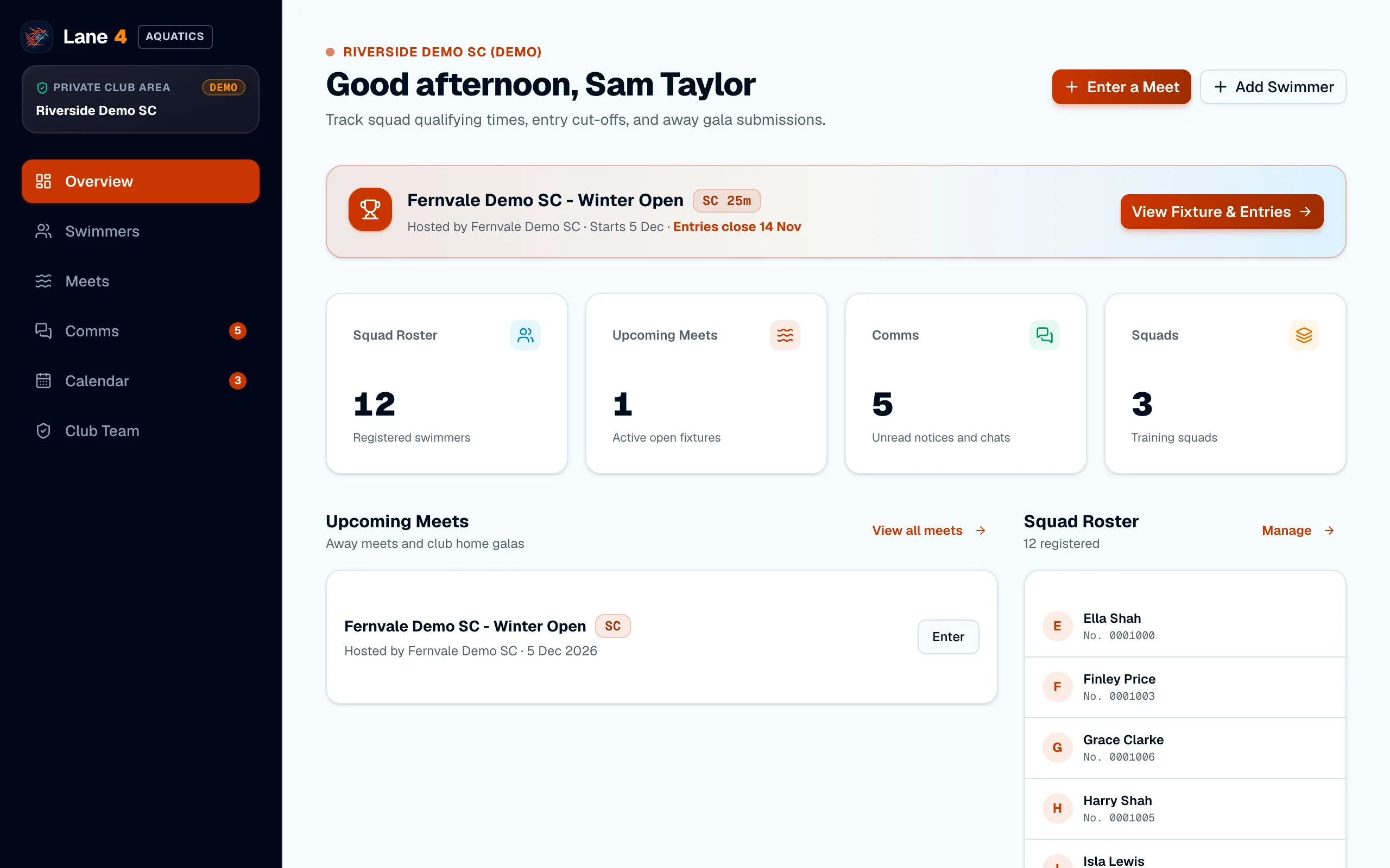 The Overview page for a club admin