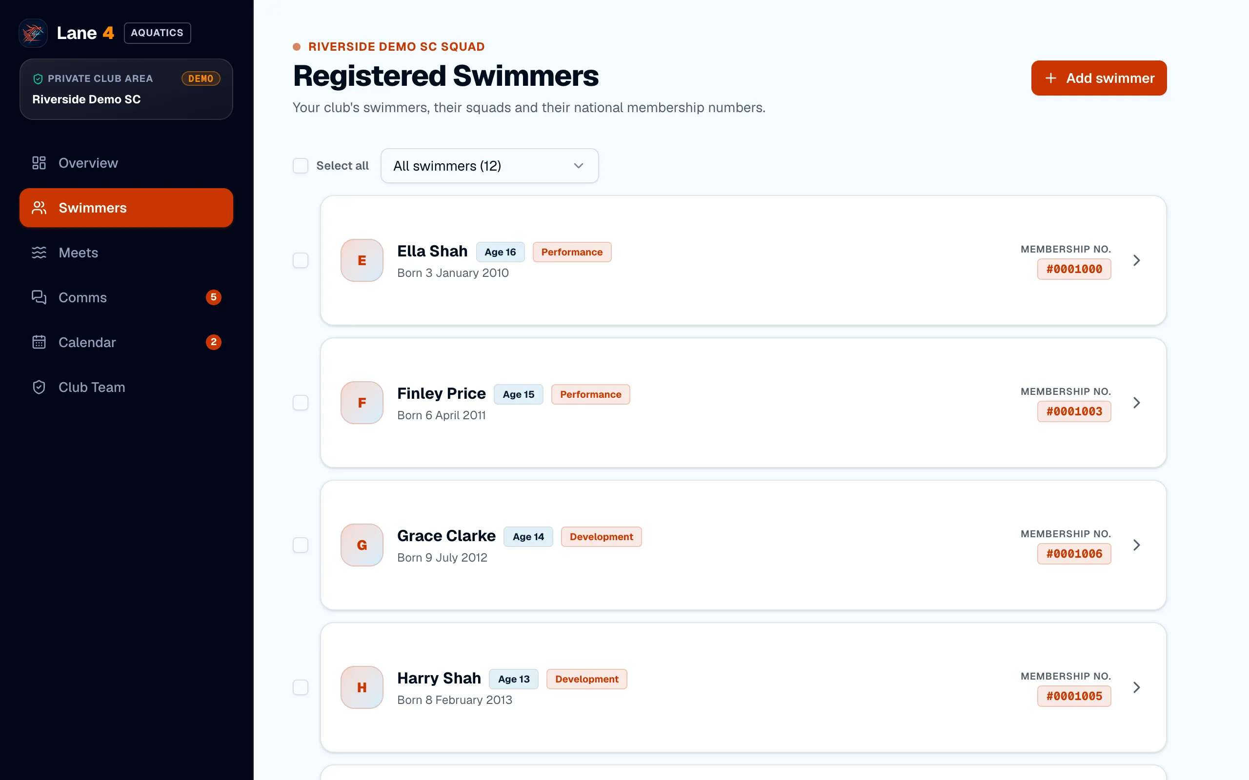 The Swimmers page listing swimmers with their squads