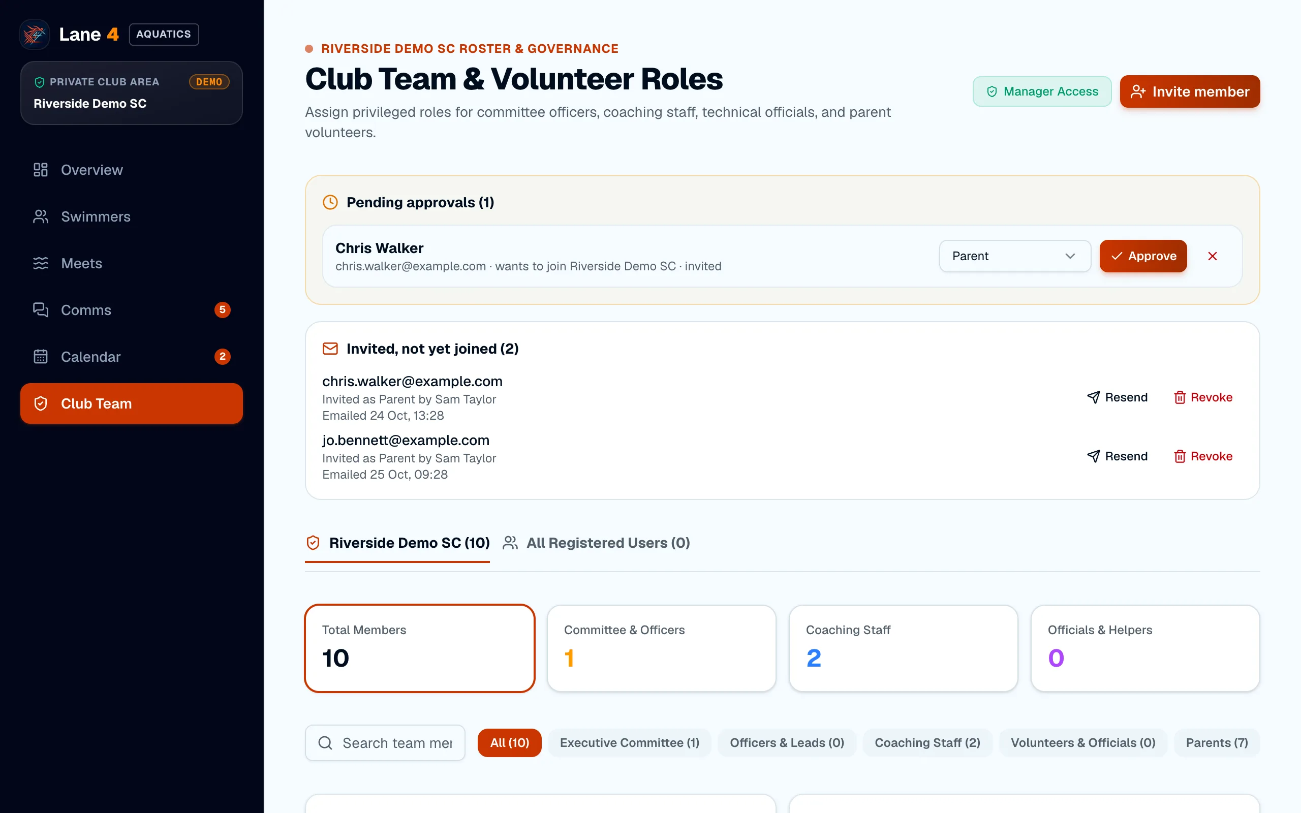 Club Team with a pending approval and outstanding invites
